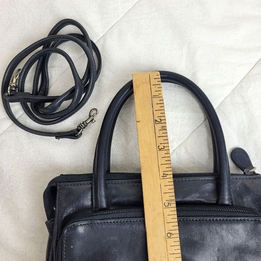 Small Black Leather Cross Body Compact purse handles long strap office classic - Picture 2 of 13